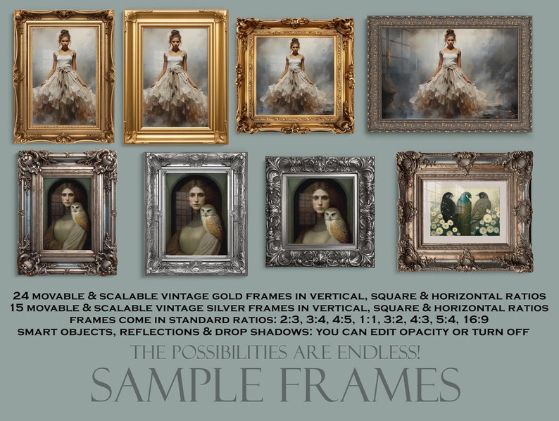 May include: A collection of 24 gold and 15 silver vintage frames in various sizes and ratios. The frames are movable and scalable, and come in standard ratios like 2:3, 3:4, 4:5, 1:1, 3:2, 4:3, 5:4, and 16:9. The frames are smart objects, allowing you to edit opacity or turn off reflections and drop shadows.