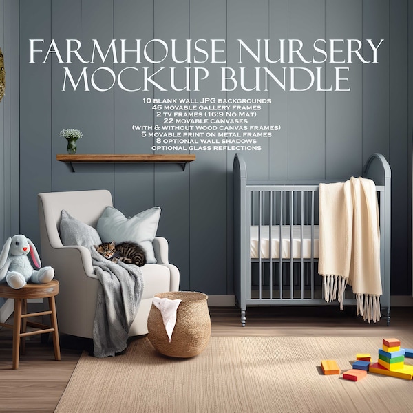 Farmhouse Nursery Mockup Bundle (10), Farmhouse Mockup, Kids Room Mockup, Canvas Mockup, Blank Wall Mockup, Girl, Boy, JPG PSD PNG