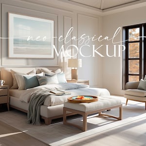 May include: A bedroom interior design mockup with a large bed, a white ottoman, a side table, a lamp, and a framed print of a beach scene. The text "neo-classical MOCKUP" is superimposed on the image.