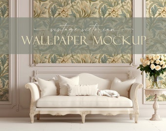 May include: A white vintage-style sofa with a floral patterned wallpaper backdrop. The sofa has a white cushion and a white throw pillow. A white cat is sleeping on the sofa. The text "vintage victorian WALLPAPER MOCKUP" is displayed above the sofa.