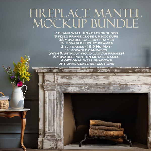 Fireplace Mantel Frame Mockup Bundle (10), Christmas Mockup, Wall Art Mockup, Holiday Mockup, Blank Wall Mockup, Wood Frame, PSD JPG PNG
