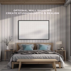 May include: A bedroom with a bed, two bedside tables, and a large window with a view of the ocean. The bed has a gray comforter and two blue pillows. There is a wooden bench at the foot of the bed. The walls are white and have a wood paneling effect. The text "OPTIONAL WALL SHADOWS CREATE STUNNING DEPTH & REALISM" is displayed above the bed.