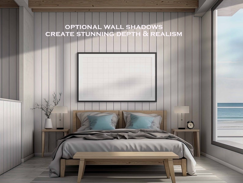 May include: A bedroom with a bed, two bedside tables, and a large window with a view of the ocean. The bed has a gray comforter and two blue pillows. There is a wooden bench at the foot of the bed. The walls are white and have a wood paneling effect. The text "OPTIONAL WALL SHADOWS CREATE STUNNING DEPTH & REALISM" is displayed above the bed.