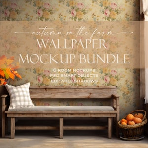 Puede incluir: Un banco de madera rústico con un cojín a cuadros blanco y negro se encuentra frente a una pared con un patrón de papel tapiz floral. El papel tapiz presenta un diseño floral vintage con flores rosas, amarillas y verdes. El texto "autumn on the farm WALLPAPER MOCKUP BUNDLE" se muestra sobre el banco. Debajo del texto, dice "6 ROOM MOCKUPS PSD SMART OBJECTS EDITABLE SHADOWS".
