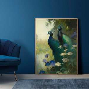 Two Peacocks in a Garden 1, Cottagecore Art, Cottage Wall Art, Farmhouse Wall Art, Digital Download, Printable, Vintage Style Oil Painting