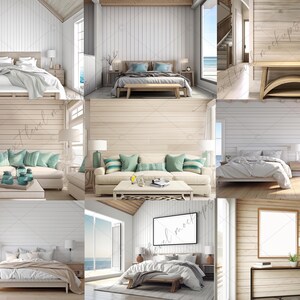 May include: A collection of coastal-themed bedroom and living room interior design mockups. The images feature white walls, wood floors, and large windows with ocean views. The furniture is a mix of modern and traditional styles, with a focus on natural materials like wood and linen. The rooms are decorated with coastal accents, such as seashells, driftwood, and blue and white striped pillows.
