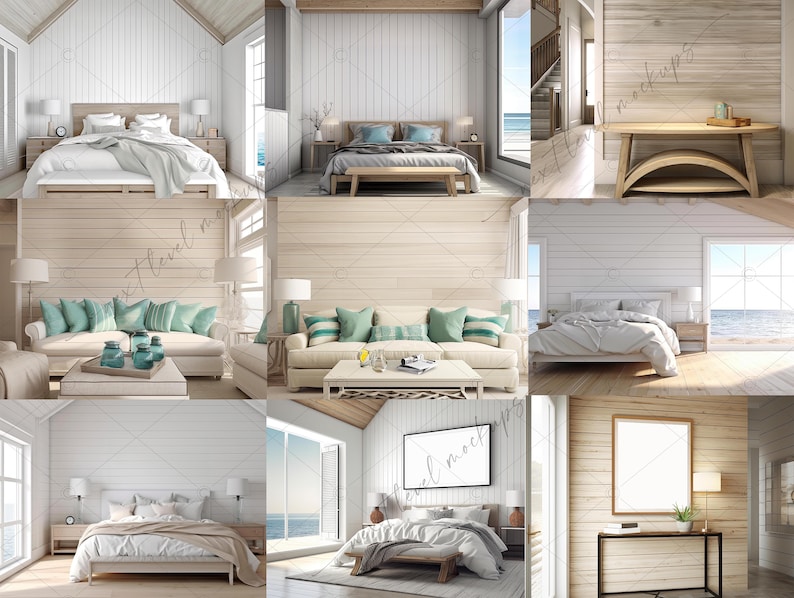 May include: A collection of coastal-themed bedroom and living room interior design mockups. The images feature white walls, wood floors, and large windows with ocean views. The furniture is a mix of modern and traditional styles, with a focus on natural materials like wood and linen. The rooms are decorated with coastal accents, such as seashells, driftwood, and blue and white striped pillows.