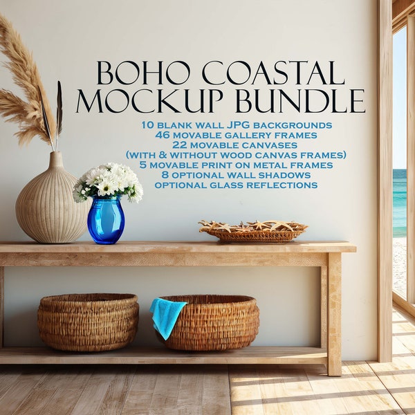 Beach House Mockup Bundle (10), Boho Coastal, Frame Mockup, Blank Wall Mockup, Canvas Frame Mockup, Boho Mockup, Beach Mockup, PSD JPG PNG