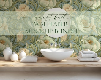 May include: A white porcelain sink with a white towel on a wooden countertop. The background is a green and white floral wallpaper with the text "guest bath wallpaper mockup bundle".