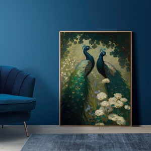 Two Peacocks in a Garden 2, Cottagecore Art, Cottage Wall Art, Farmhouse Wall Art, Digital Download, Printable, Vintage Style Oil Painting