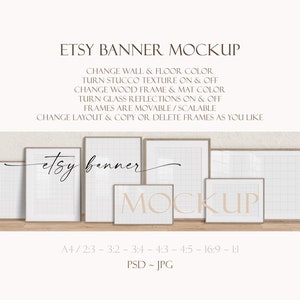 Frame Mockup Banner, Etsy Shop Banner Mockup For Prints, 7 Frame Mockup, PSD Template, Framed Art Mockup, Wood Frame On Floor, Wood Frames