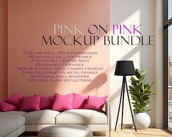 Valentines Day Pink Frame Mockup Bundle (10), Pink on Pink, Canvas Wall Mockup, Blank Wall Mockup, Wood Frame Mockup, Square Frame, PSD PNG