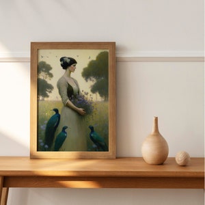 Woman with Peacocks, Victorian Art, Cottage Wall Art, Farmhouse Wall Art, Digital Download, Printable, Vintage Style Oil Painting