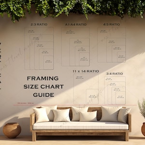 May include: A chart showing different framing sizes for artwork, with ratios labeled 2:3, A1-A4, 4:5, 11 x 14, and 3:4. The chart is displayed on a beige wall with a couch and plants in the foreground.