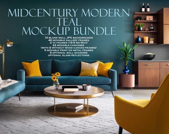 Frame Mockup Bundle (10), Midcentury Modern Teal & Gold, Wall Art Mockup, Blank Wall Mockup, A4, Canvas, Metal, Movable, JPG PSD PNG
