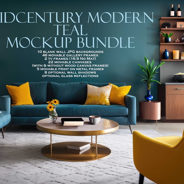 Frame Mockup Bundle (10), Midcentury Modern Teal & Gold, Wall Art Mockup, Blank Wall Mockup, A4, Canvas, Metal, Movable, JPG PSD PNG