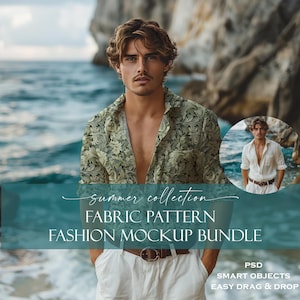 May include: A man wearing a green and white patterned shirt with a white background and a white shirt underneath. He is standing in front of a blue ocean and a rocky cliff. The text "summer collection FABRIC PATTERN FASHION MOCKUP BUNDLE" is displayed on the image. The text "PSD SMART OBJECTS EASY DRAG & DROP" is also displayed on the image.