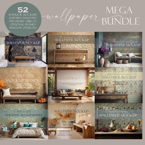 Puede incluir: Un conjunto de 52 maquetas de papel tapiz de interior que presentan varios estilos y diseños. Las maquetas incluyen diferentes configuraciones de habitaciones, muebles y elementos decorativos. El texto "MEGA wallpaper BUNDLE" se muestra en la parte superior de la imagen.