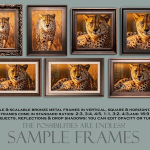 Puede incluir: Una colecci&oacute;n de 15 marcos de metal bronce en varios tama&ntilde;os y proporciones, mostrando una imagen de guepardo. Los marcos son m&oacute;viles y escalables, con objetos inteligentes, reflejos y sombras proyectadas. El texto "SAMPLE FRAMES" se muestra debajo de los marcos.