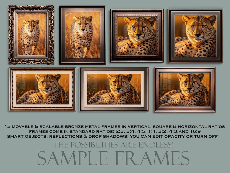 Puede incluir: Una colecci&oacute;n de 15 marcos de metal bronce en varios tama&ntilde;os y proporciones, mostrando una imagen de guepardo. Los marcos son m&oacute;viles y escalables, con objetos inteligentes, reflejos y sombras proyectadas. El texto "SAMPLE FRAMES" se muestra debajo de los marcos.