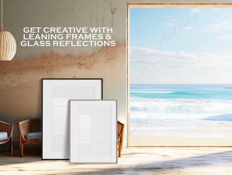May include: Two white picture frames with a grid pattern are leaning against a wall. The frames are in front of a window with a view of a beach and ocean. The text "GET CREATIVE WITH LEANING FRAMES & GLASS REFLECTIONS" is on the wall.