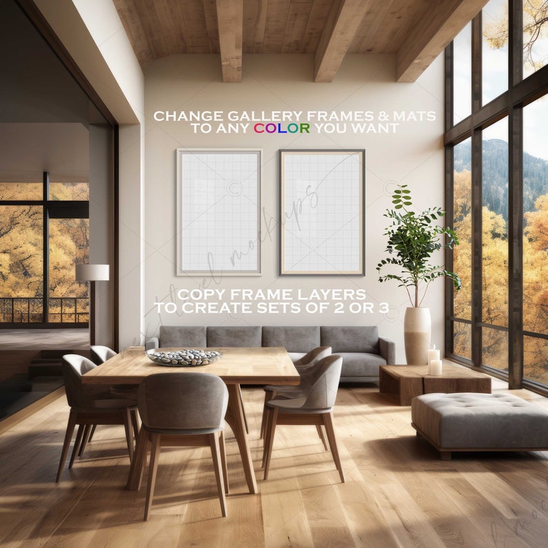 Puede incluir: Dos marcos de fotos vac&iacute;os con bordes blancos est&aacute;n colgados en una pared blanca en un comedor. Los marcos est&aacute;n en una disposici&oacute;n de pared de galer&iacute;a. La habitaci&oacute;n tiene una ventana grande con vista a los &aacute;rboles y las monta&ntilde;as. El texto "CHANGE GALLERY FRAMES & MATS TO ANY COLOR YOU WANT" y "COPY FRAME LAYERS TO CREATE SETS OF 2 OR 3" es visible en la imagen.