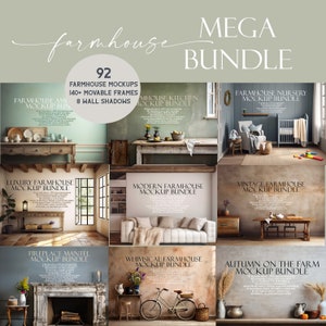 Farmhouse Interiors Frame Mockup Bundle (92), Mega Bundle, Blank Wall Mockup, Canvas Mockup, Cottage Mockups, Farmhouse Mockup, PSD, JPG PNG