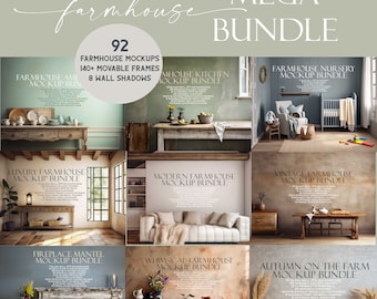 Farmhouse Interiors Frame Mockup Bundle (92), Mega Bundle, Blank Wall Mockup, Canvas Mockup, Cottage Mockups, Farmhouse Mockup, PSD, JPG PNG