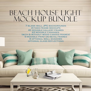 May include: A white couch with blue and green pillows in a living room setting. The wall is wood paneling with the text "BEACH HOUSE LIGHT MOCKUP BUNDLE" and a list of features: 7 BLANK WALL JPG BACKGROUNDS, 4 FIXED FRAME MOCKUPS, 46 MOVABLE GALLERY FRAMES, 22 MOVABLE CANVASES (WITH & WITHOUT WOOD CANVAS FRAMES), 5 MOVABLE PRINT ON METAL FRAMES, 8 OPTIONAL WALL SHADOWS, OPTIONAL GLASS REFLECTIONS.