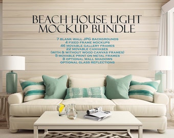 Beach House Mockup Bundle (10), Beach House Light, Coastal Mockup, Portrait Frame Mockup, Teal and Beige, Blank Wall Mockup, JPG PSD PNG