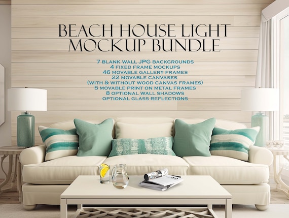 Beach House Mockup Bundle (10), Beach House Light, Coastal Mockup, Portrait Frame Mockup, Teal and Beige, Blank Wall Mockup, JPG PSD PNG