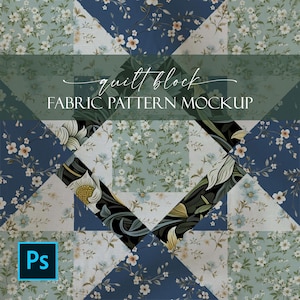 Könnte beinhalten: Ein Quiltblock-Mockup mit einem Patchwork aus Stoffquadraten mit floralen Mustern in Blautönen, Grün- und Weißtönen. Der Text "quilt block FABRIC PATTERN MOCKUP" wird oben im Bild angezeigt.