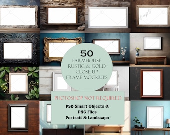 50 Farmhouse Frame Mockup Bundle, Close Up Wall Art Mockup, Wood Frame Mockup, Wall Art Mockup Bundle, PSD & PNG, Canva Mockup