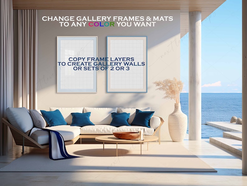 May include: Two framed prints with white backgrounds and blue frames hanging on a wall in a living room. The text on the prints reads "CHANGE GALLERY FRAMES & MATS TO ANY COLOR YOU WANT" and "COPY FRAME LAYERS TO CREATE GALLERY WALLS OR SETS OF 2 OR 3".