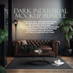 Dark Room Mockup Bundle (10), Dark Industrial, Portrait Frame Mockup, Dark Room Frame Mockup, Wall Art Mockup, Blank Wall Mockup, PSD PNG