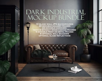 Dark Room Mockup Bundle (10), Dark Industrial, Portrait Frame Mockup, Dark Room Frame Mockup, Wall Art Mockup, Blank Wall Mockup, PSD PNG
