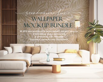 May include: A mockup bundle of 8 wallpaper backgrounds with a white sectional sofa and a potted plant in the corner of a room. The wallpaper features a beige and brown floral pattern. The text "Scandinavian Luxe Wallpaper Mockup Bundle" is displayed on the wall.