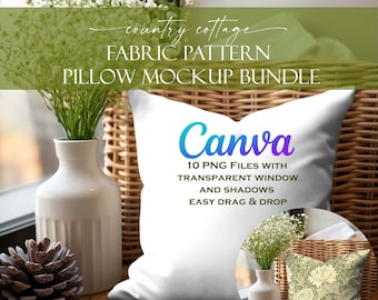 Pillow Mockup Bundle Canva PNG (10), Fabric Pattern, Country Cottage, Transparent Mockup, White Cushion Mockup, Throw Pillow Mockup