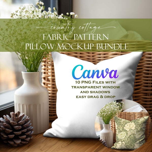 Pillow Mockup Bundle Canva PNG (10), Fabric Pattern, Country Cottage, Transparent Mockup, White Cushion Mockup, Throw Pillow Mockup