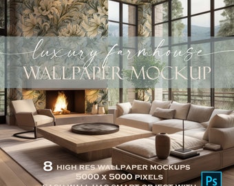 Luxury Farmhouse Wallpaper Mockup | Interior Scene, Smart Object (PSD)