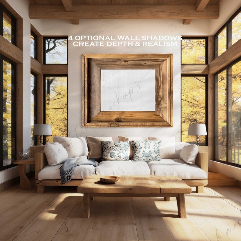 Puede incluir: Un marco de madera r&uacute;stico con fondo blanco cuelga de una pared en una sala de estar. El marco est&aacute; delante de una ventana grande con vistas a los &aacute;rboles. Un sof&aacute; blanco con almohadas se encuentra delante de una mesa de caf&eacute; de madera. El texto "4 OPTIONAL WALL SHADOWS CREATE DEPTH & REALISM" est&aacute; por encima del marco.