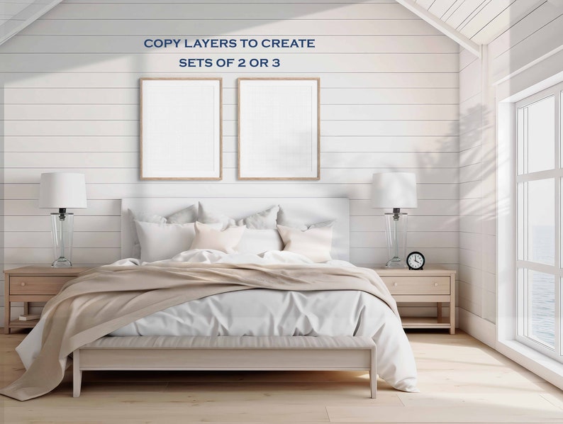 May include: A white bedroom with a bed, two nightstands, and two framed pictures on the wall. The text "COPY LAYERS TO CREATE SETS OF 2 OR 3" is visible on the wall.