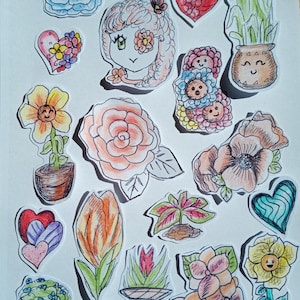 Plantas felices, 20 pegatinas hechas a mano, pegatinas únicas dibujadas a mano