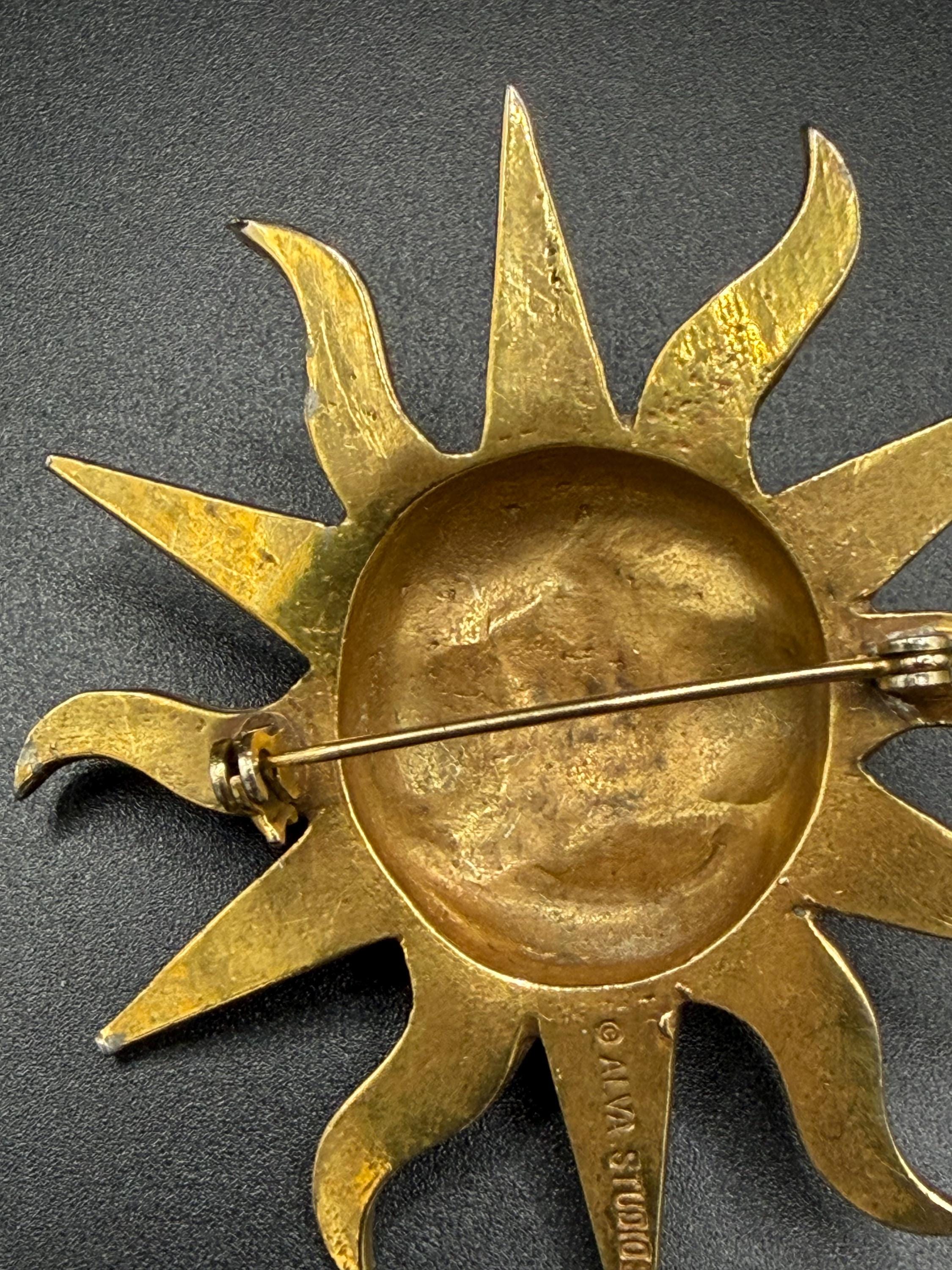 Vintage Alva Studios Sun Face Brooch Gold Tone Celestial Smiling Sun ...