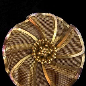 May include: A gold-toned metal flower brooch with a mesh design. The brooch features a central cluster of small, round beads and radiating petals. The petals are made of a fine mesh material, creating a delicate and intricate appearance.