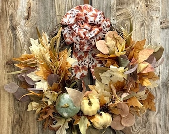 Fall Door Wreath, Autumn Leaves, Berries, 22 Inch Grapevine Wreath