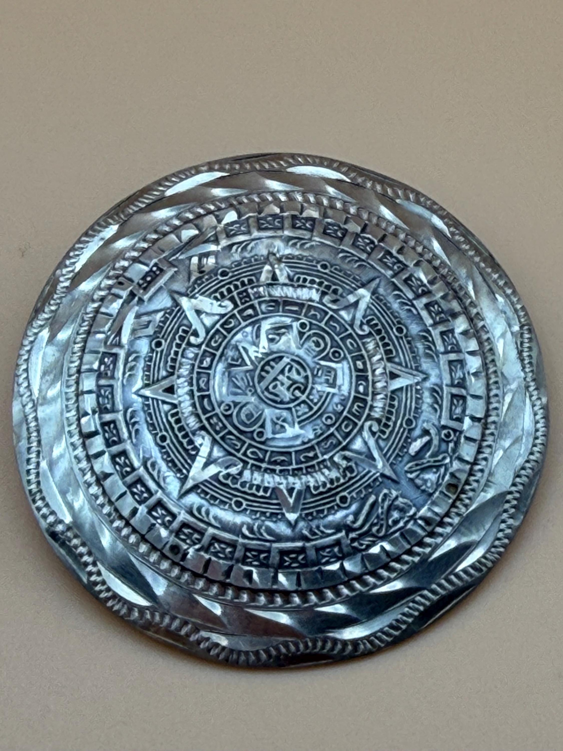 Sterling Silver Aztec Calendar Brooch Pendant Taxco Sun Stone Pin, 2"