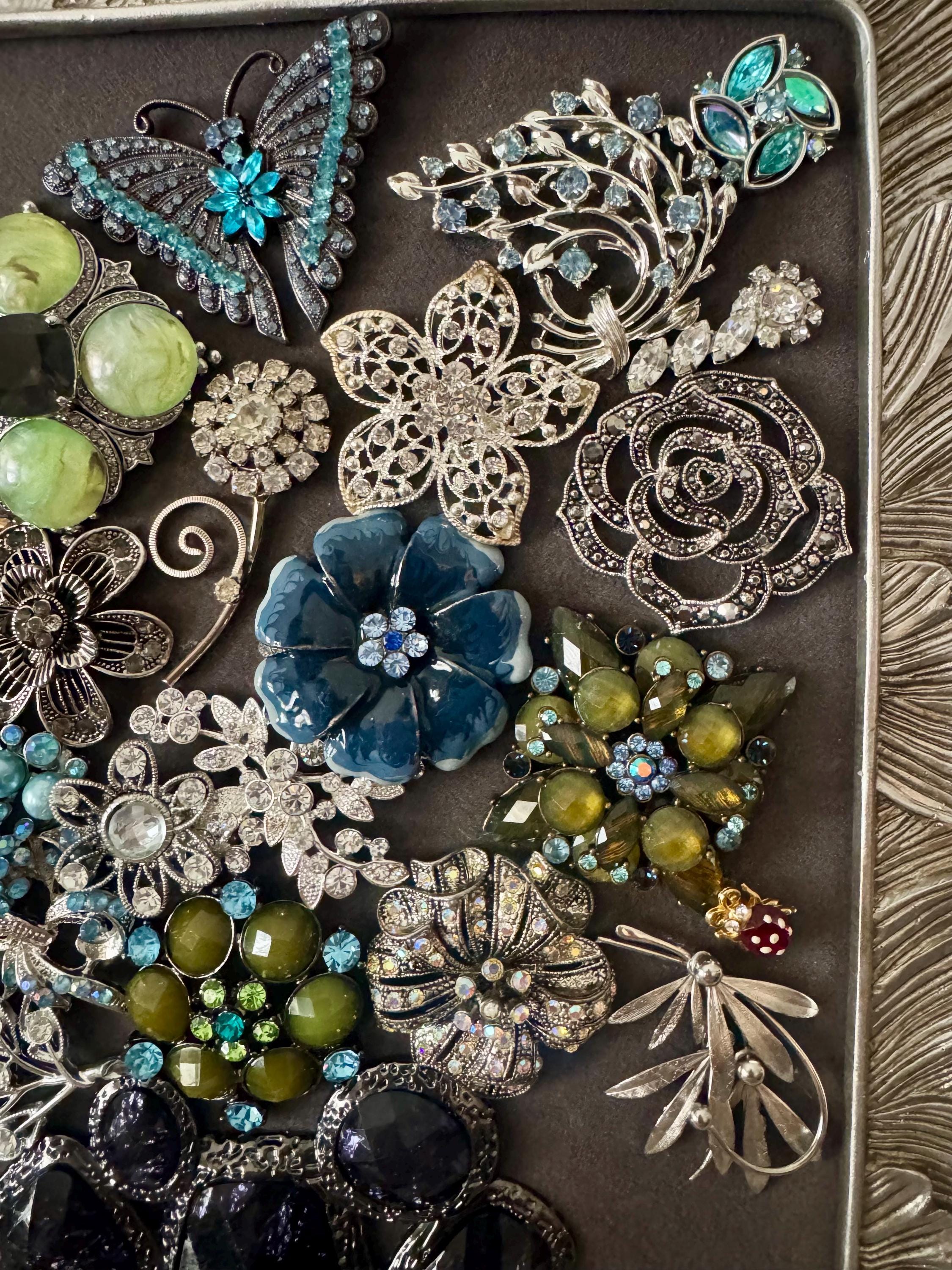 Vintage Brooch Framed Art, Rhinestone Jewelry Collage, Silver