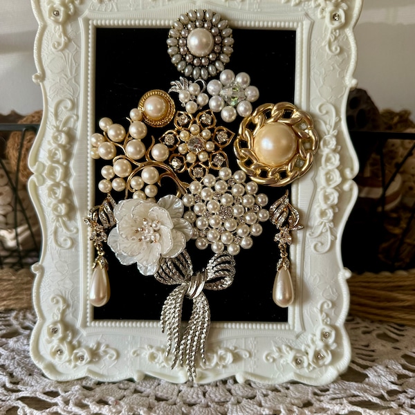Beautiful Vintage Brooch Framed Art Pearls Bride Gift Bridal Shower display Wedding table piece Romantic Boho Shabby Chic