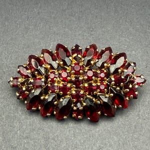 May include: An oval-shaped brooch featuring a cluster of deep red, faceted stones set in a gold-toned metal frame. The design consists of a central arrangement of round stones surrounded by a border of marquise-shaped stones in a floral pattern.